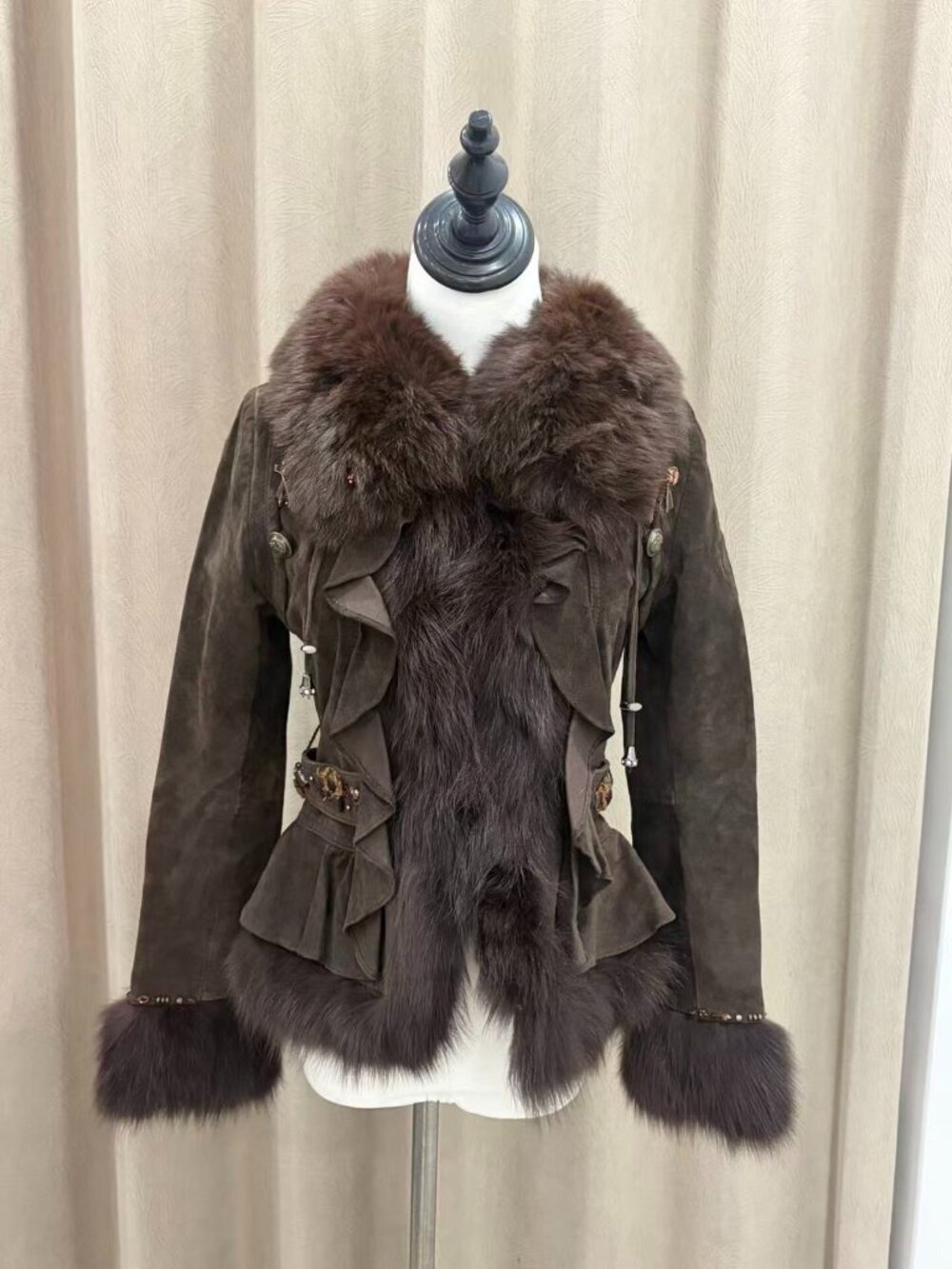Vintage Pink Mary Brown Short Pig Skin Leather Jacket with Fox Fur Trim